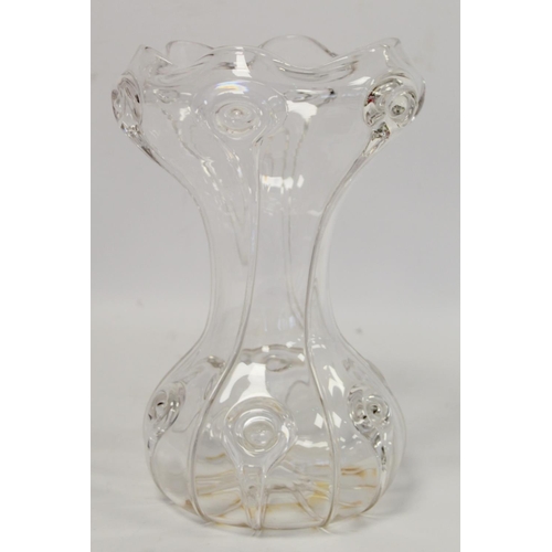 272 - Art Nouveau clear glass vase of waisted form with frilled rim and applied peacock type prunts in the... 