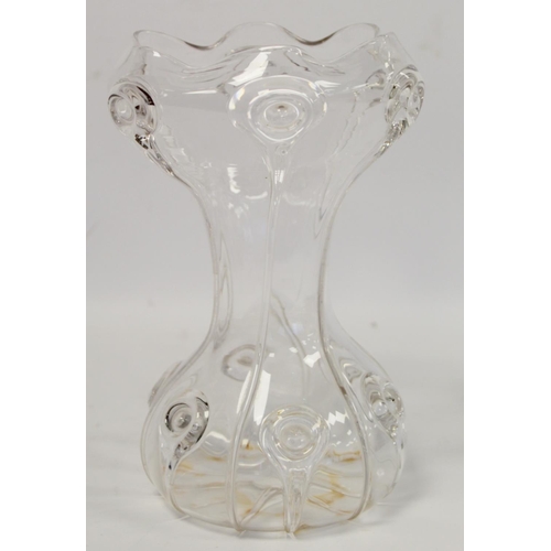 272 - Art Nouveau clear glass vase of waisted form with frilled rim and applied peacock type prunts in the... 