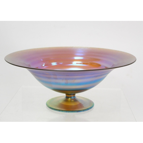 273 - WMF Myra iridescent glass footed bowl of flared circular form with blue green lustre on orange groun... 