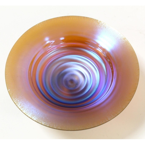 273 - WMF Myra iridescent glass footed bowl of flared circular form with blue green lustre on orange groun... 