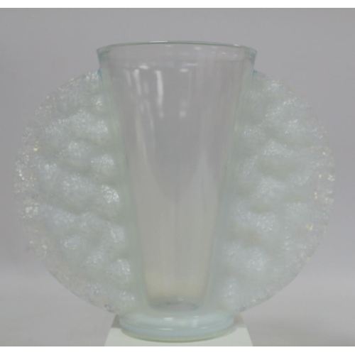 274 - French Art Deco Pierre D'Avesn opalescent moulded glass vase of winged trumpet form on circular foot... 