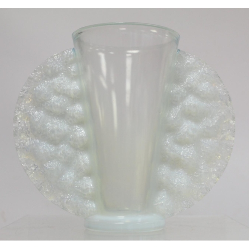 274 - French Art Deco Pierre D'Avesn opalescent moulded glass vase of winged trumpet form on circular foot... 