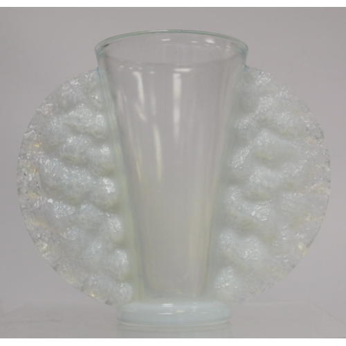 274 - French Art Deco Pierre D'Avesn opalescent moulded glass vase of winged trumpet form on circular foot... 