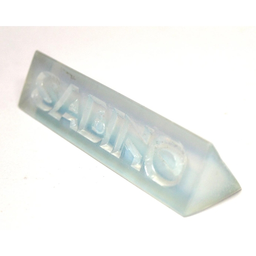 275 - French Art Deco Sabino moulded opalescent glass advertising nameplate or sign of triangular prism fo... 