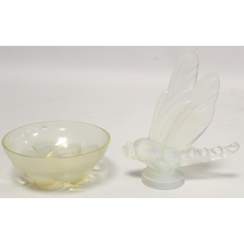 276 - French Sabino opalescent figural Libellule / dragonfly glass car mascot or paperweight on circular p... 