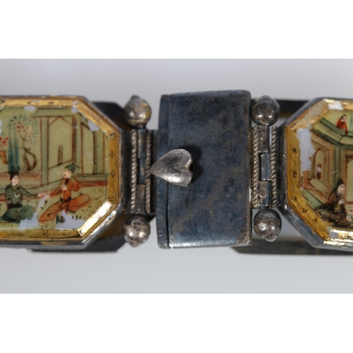 173 - Two Persian bracelets with mother-of-pearl links depicting birds, temple and floral mosaic scenes on... 