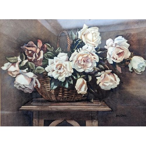 366 - James Gray RSW (Scottish fl.1917-1947).Still life wicker basket of roses. Watercolour.41cm x 56cm. S... 