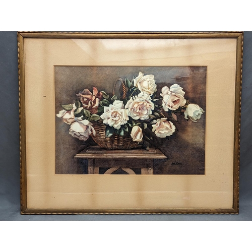 366 - James Gray RSW (Scottish fl.1917-1947).Still life wicker basket of roses. Watercolour.41cm x 56cm. S... 