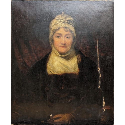 368 - 19th Century School.Portrait of a lady wearing lace bonnet.Oil on canvas.76cm x 63cm.... 