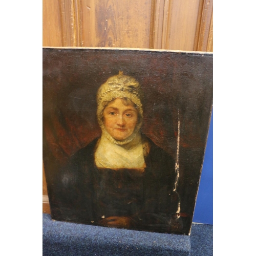 368 - 19th Century School.Portrait of a lady wearing lace bonnet.Oil on canvas.76cm x 63cm.... 