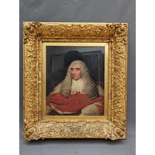 369 - 19th Century School.Portrait of a judge, red coat, white cravat and full wig.Oil. 24cm x 20cm.... 