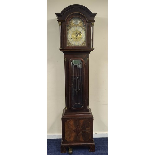 575 - Early 20th century Continental three train long case clock, with silvered and brass dial, selection ... 