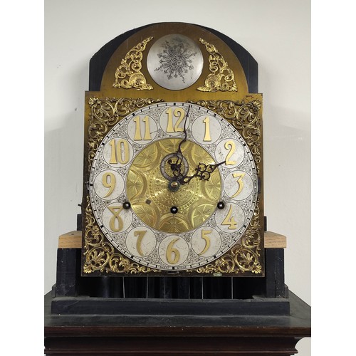 575 - Early 20th century Continental three train long case clock, with silvered and brass dial, selection ... 