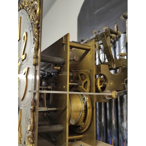 575 - Early 20th century Continental three train long case clock, with silvered and brass dial, selection ... 