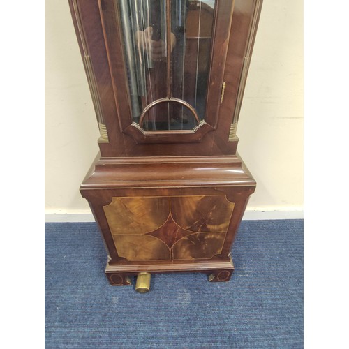 575 - Early 20th century Continental three train long case clock, with silvered and brass dial, selection ... 