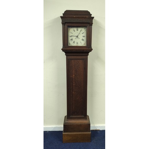 576 - Thirty hour long case clock, by Knight, Thaxted, with posted movement, in oak case with blind fret f... 