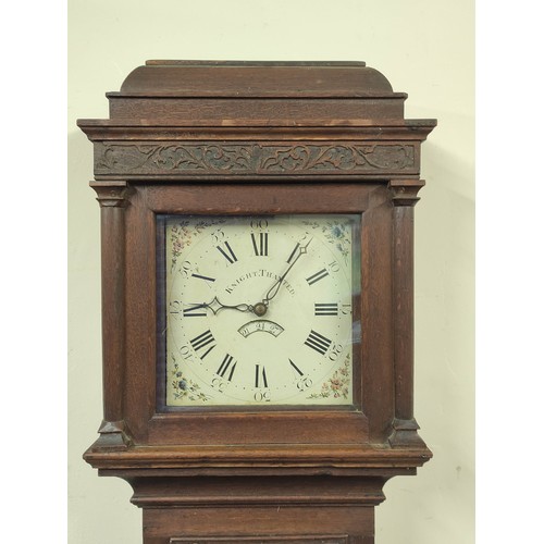 576 - Thirty hour long case clock, by Knight, Thaxted, with posted movement, in oak case with blind fret f... 