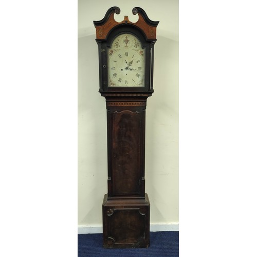 577 - Eight day long case clock with indistinctly signed painted arch dial, in mahogany case, c1790.