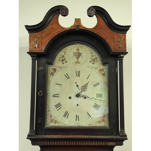 577 - Eight day long case clock with indistinctly signed painted arch dial, in mahogany case, c1790.