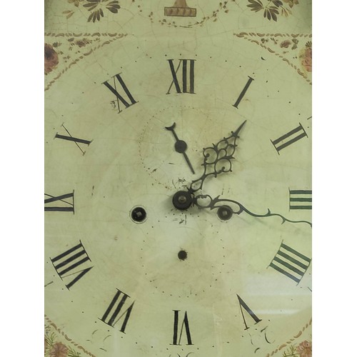 577 - Eight day long case clock with indistinctly signed painted arch dial, in mahogany case, c1790.