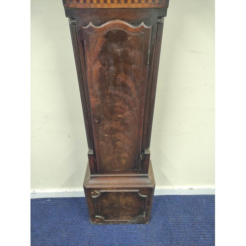 577 - Eight day long case clock with indistinctly signed painted arch dial, in mahogany case, c1790.