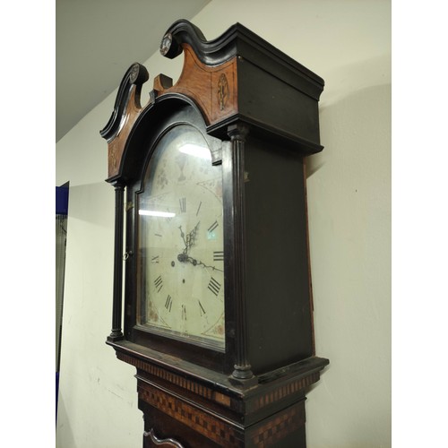 577 - Eight day long case clock with indistinctly signed painted arch dial, in mahogany case, c1790.