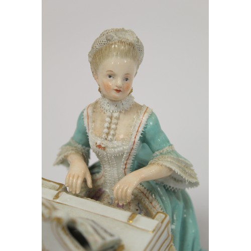 188 - Meissen porcelain figure emblematic of the 'Sense of Sound' in the form of a lady in 18th century dr... 