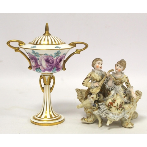 190 - Late 19th century Minton Art Nouveau covered vase, the shallow flared bowl decorated with mauve rose... 