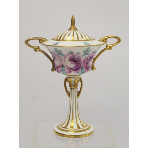 190 - Late 19th century Minton Art Nouveau covered vase, the shallow flared bowl decorated with mauve rose... 