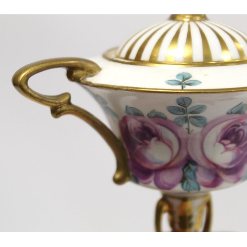 190 - Late 19th century Minton Art Nouveau covered vase, the shallow flared bowl decorated with mauve rose... 