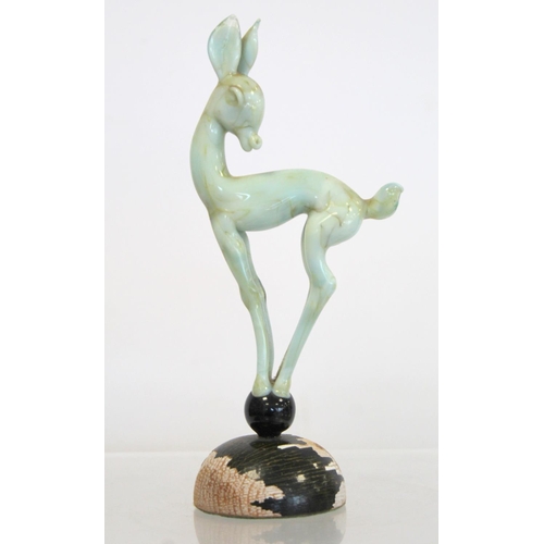 285 - Istvan Komaromy Art Deco figure of a deer, in mottled brown and pale green glass standing on a small... 