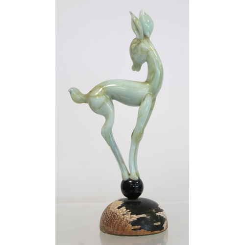 285 - Istvan Komaromy Art Deco figure of a deer, in mottled brown and pale green glass standing on a small... 