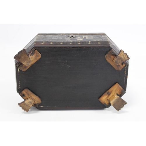 287 - 19th century Chinese black lacquer tea caddy of octagonal form with four paw feet and gilt painted p... 