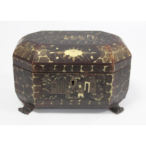 287 - 19th century Chinese black lacquer tea caddy of octagonal form with four paw feet and gilt painted p... 