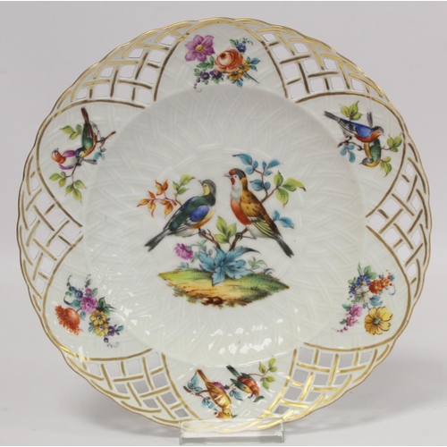 288 - Pair of KPM Berlin porcelain plates with hand painted polychrome enamel decoration of birds and flor... 