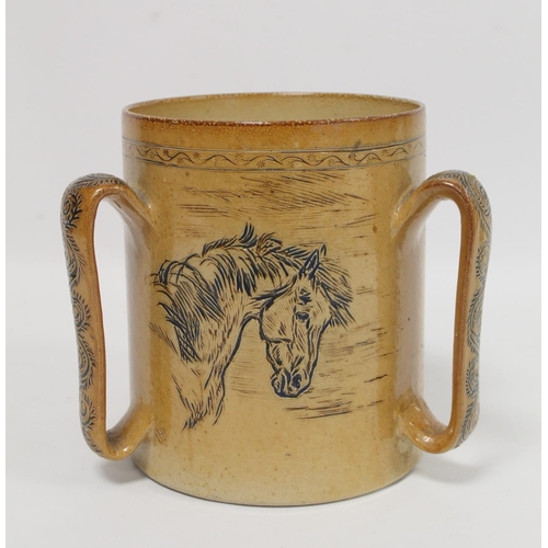 289 - Large Doulton Lambeth stoneware tyg by Hannah Barlow with sgraffito portraits of ponies, the three f... 