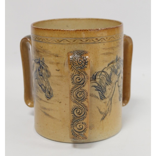 289 - Large Doulton Lambeth stoneware tyg by Hannah Barlow with sgraffito portraits of ponies, the three f... 