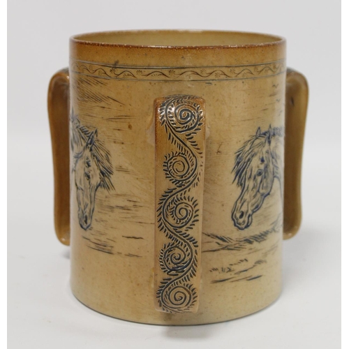 289 - Large Doulton Lambeth stoneware tyg by Hannah Barlow with sgraffito portraits of ponies, the three f... 