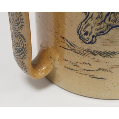 289 - Large Doulton Lambeth stoneware tyg by Hannah Barlow with sgraffito portraits of ponies, the three f... 