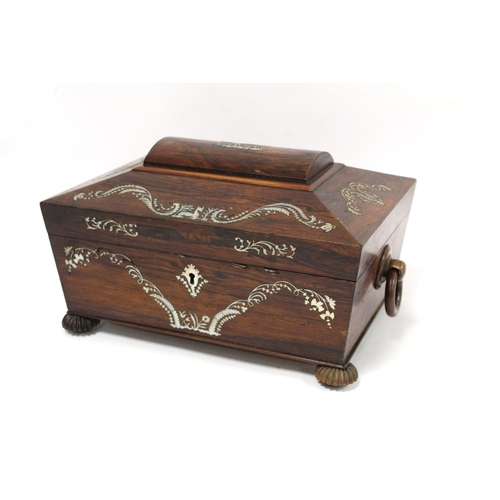 292 - Early 19th century Regency rosewood workbox of twin handled sarcophagus form on four reeded bun feet... 