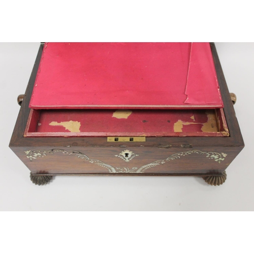 292 - Early 19th century Regency rosewood workbox of twin handled sarcophagus form on four reeded bun feet... 