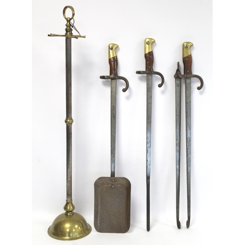 294 - Late 19th/early 20th century novelty fireside companion set made from French bayonets, each signed a... 