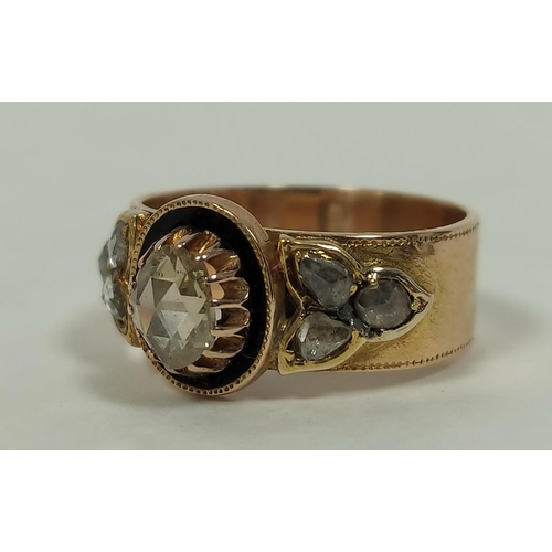 113 - Russian 19th century gold band ring with rose diamonds, probably '56', 6.8g, size 'P'.