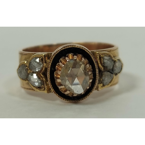 113 - Russian 19th century gold band ring with rose diamonds, probably '56', 6.8g, size 'P'.