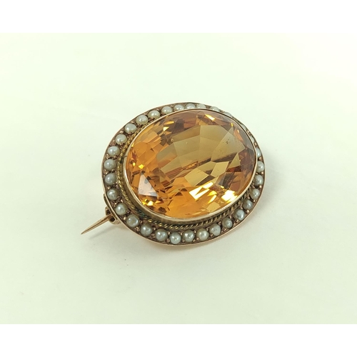 104 - Victorian gold oval brooch with citrine and pearls, probably 15ct.