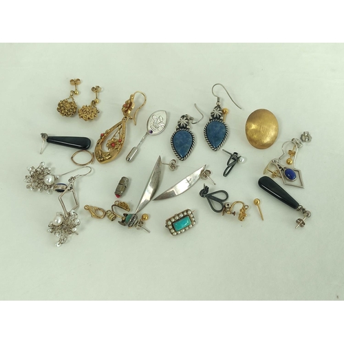 107 - Georgian turquoise and pearl brooch, a gold drop earring and a quantity of silver and other earrings... 