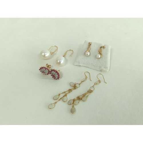 115 - Pair of diamond and ruby navette cluster earrings in 9ct gold, a pair of pearl drop earrings, and an... 