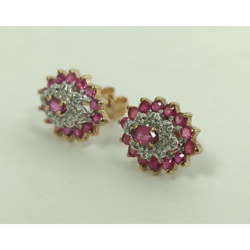 115 - Pair of diamond and ruby navette cluster earrings in 9ct gold, a pair of pearl drop earrings, and an... 