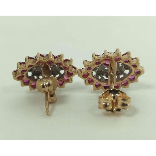 115 - Pair of diamond and ruby navette cluster earrings in 9ct gold, a pair of pearl drop earrings, and an... 