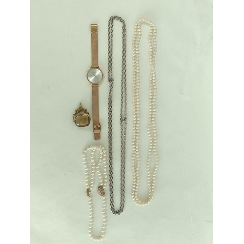 116 - Cultured pearl necklace, a similar bracelet, silver long chain, rolled gold evening watch and a citr... 